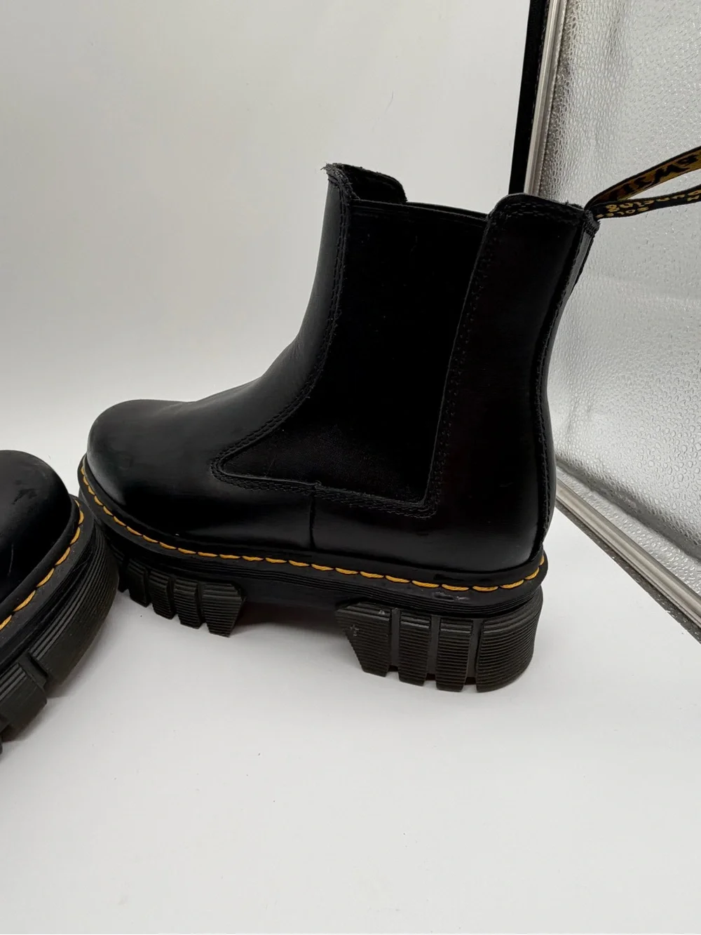 Dr. Martens Black Leather Platform Chelsea Boots with Yellow Stitch Sz 7 US