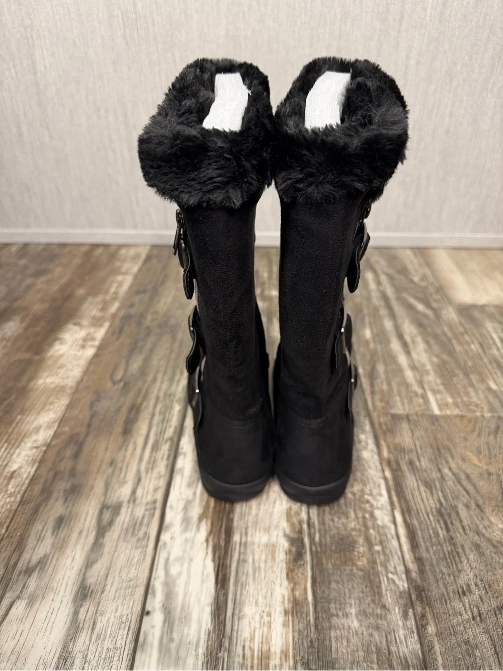 Girl’s Hot Cakes Black Faux Fur-Trim Mid-Calf Buckle Boot Size 2.5
