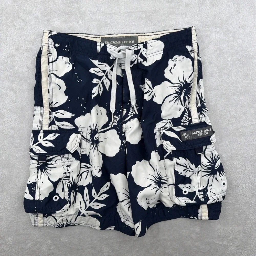 VTG Y2K Abercrombie Tugger Board Shorts Mens M Blue All Over Floral Cargo Swim