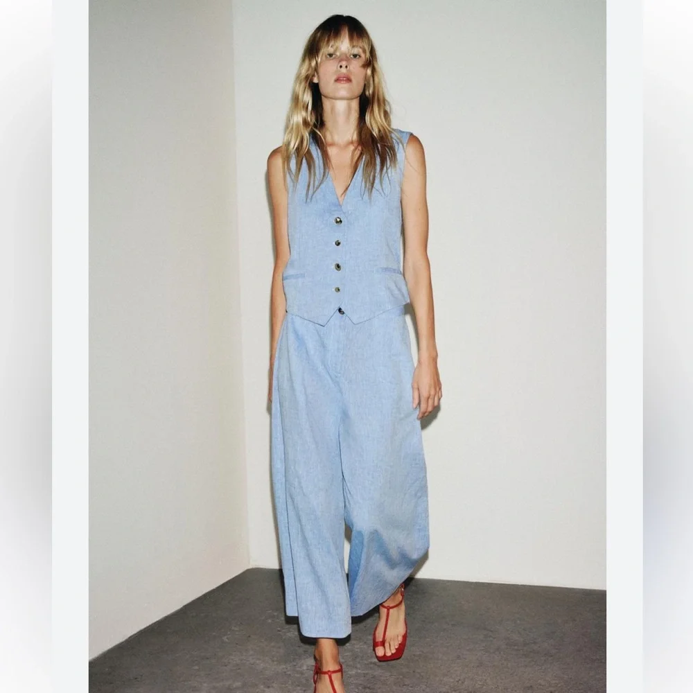 Zara NWT linen blend waistcoat jumpsuit blue 8461/789
