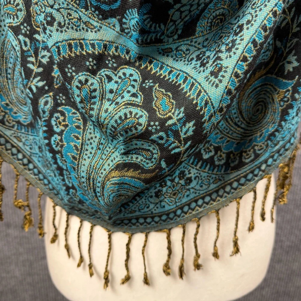 The Poshmina Scarf Womens Teal Gold Paisley Fringe Shawl Wrap Boho USA Made