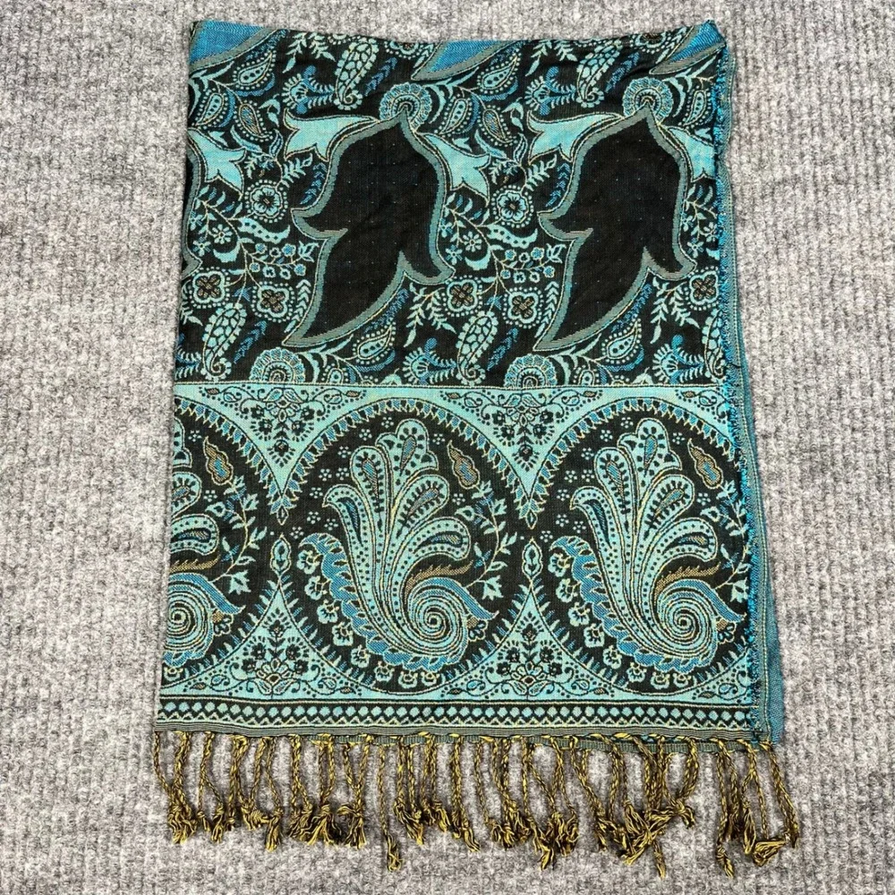 The Poshmina Scarf Womens Teal Gold Paisley Fringe Shawl Wrap Boho USA Made