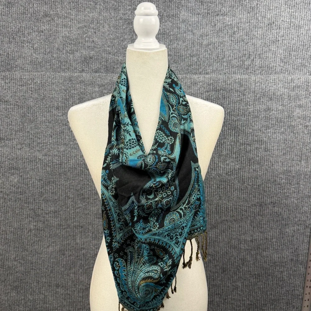 The Poshmina Scarf Womens Teal Gold Paisley Fringe Shawl Wrap Boho USA Made