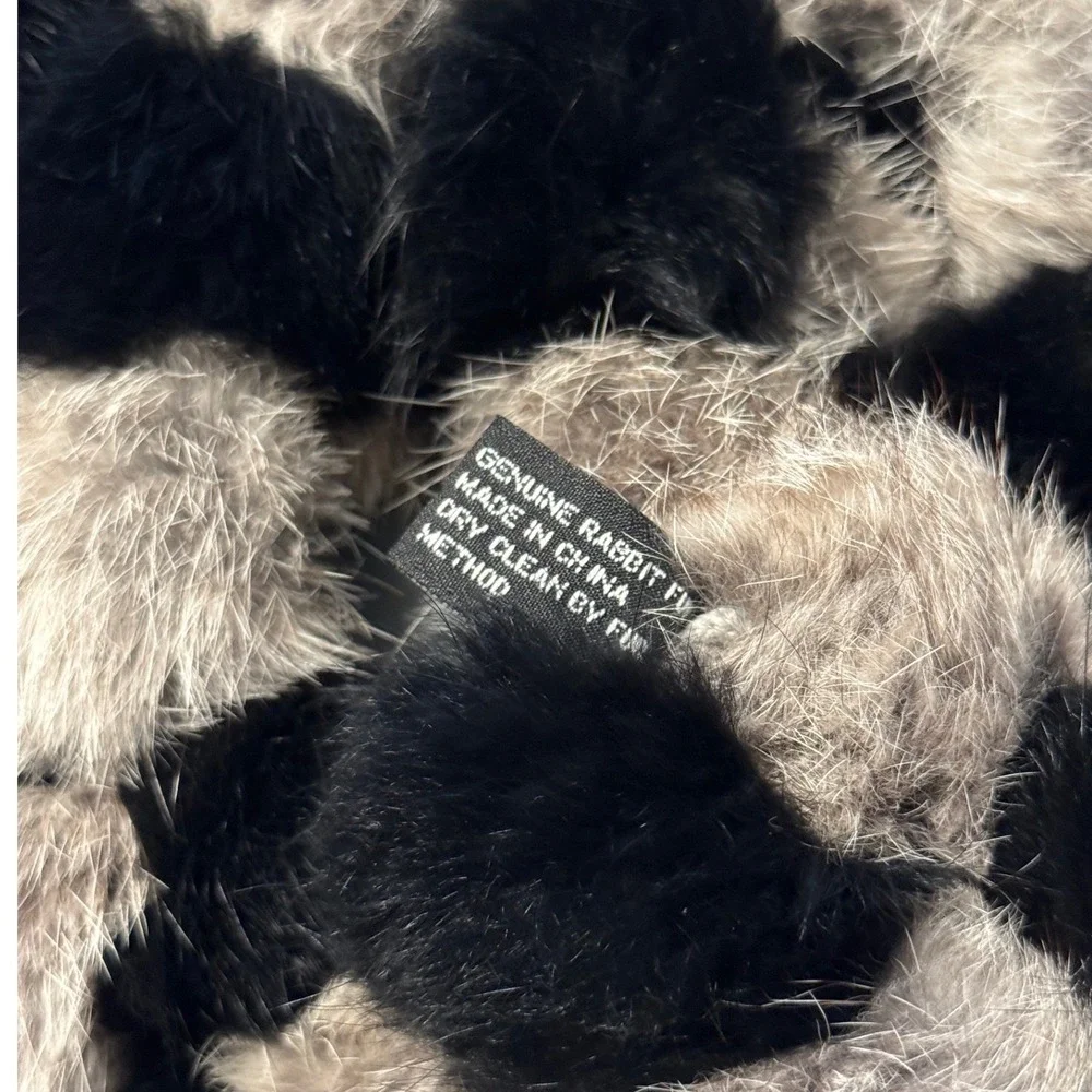 Vintage Y2K Cygnet Genuine Rabbit Fur Pom Pom Scarf Black Brown Tan Wrap