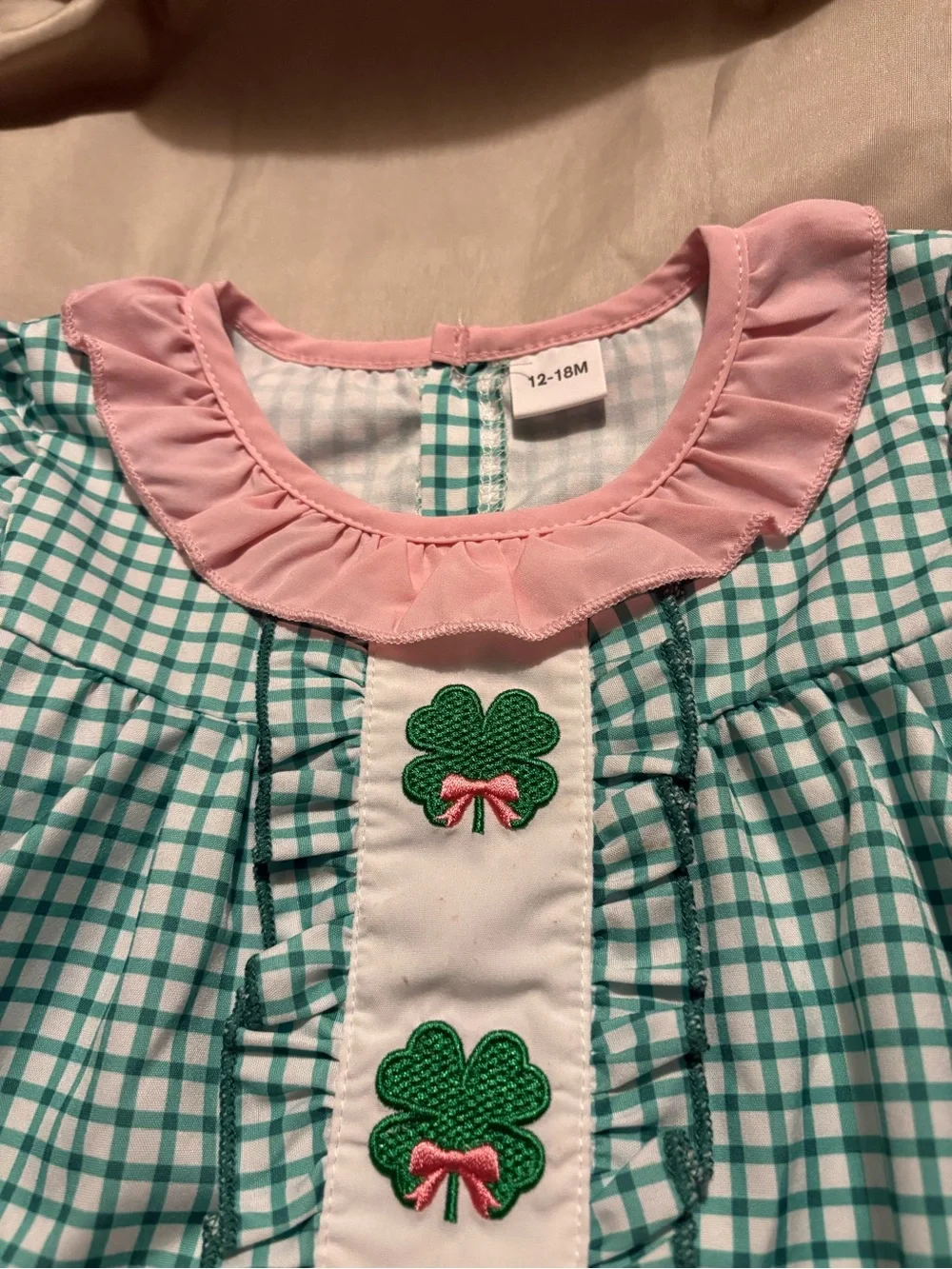 Girls Green Plaid Ruffle Collar dress with Pink Trim