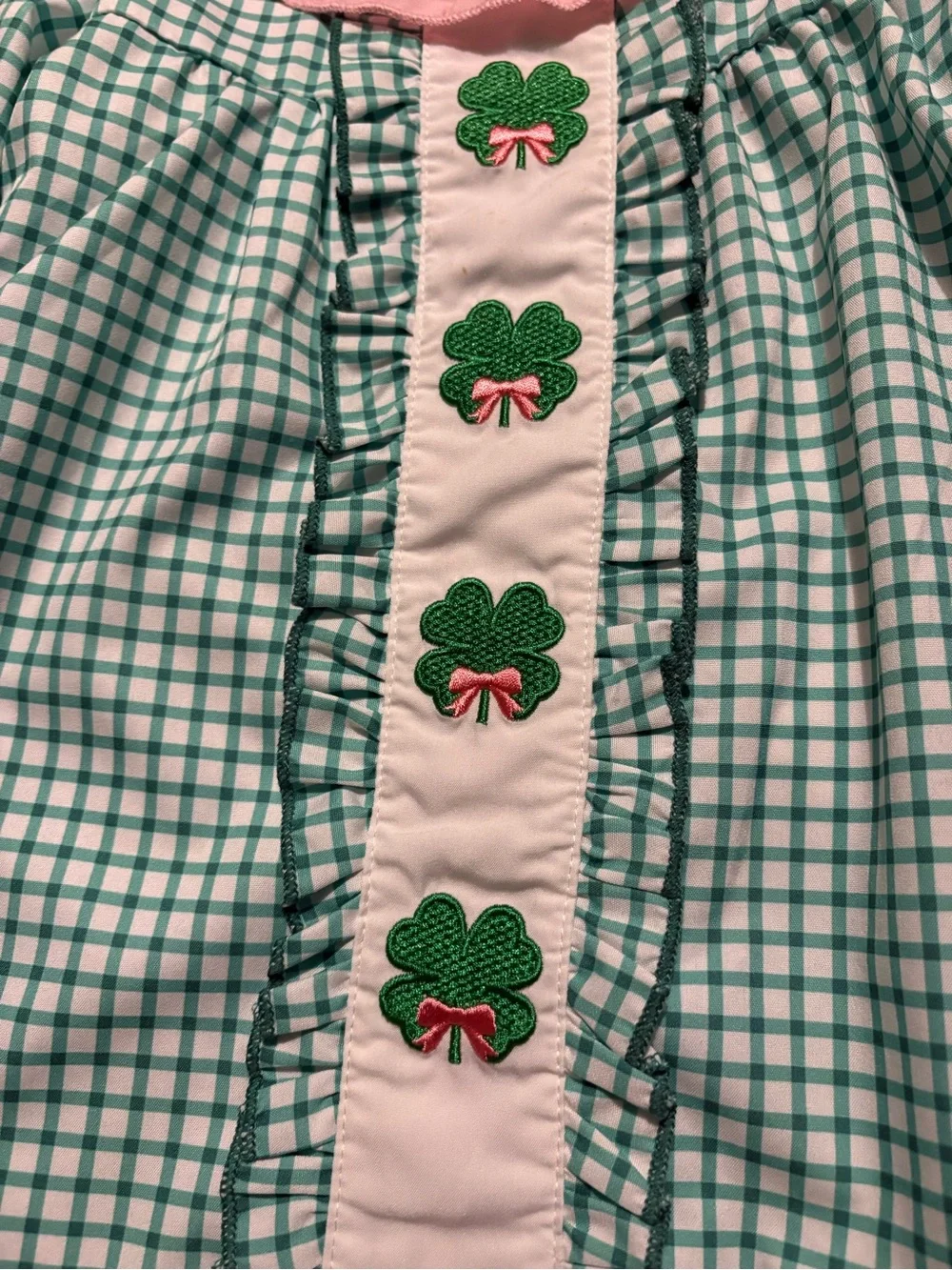 Girls Green Plaid Ruffle Collar dress with Pink Trim