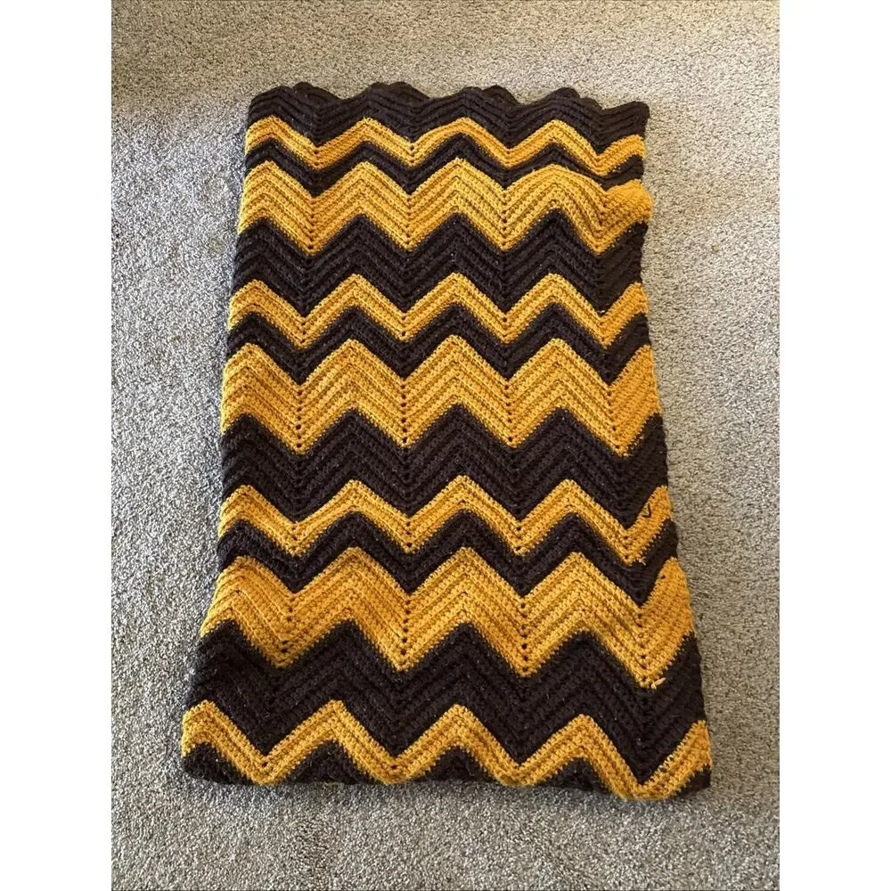 Hand Crochet Afghan vintage ZigZag Chevron Harvest Gold Brown 80”x48” MCM
