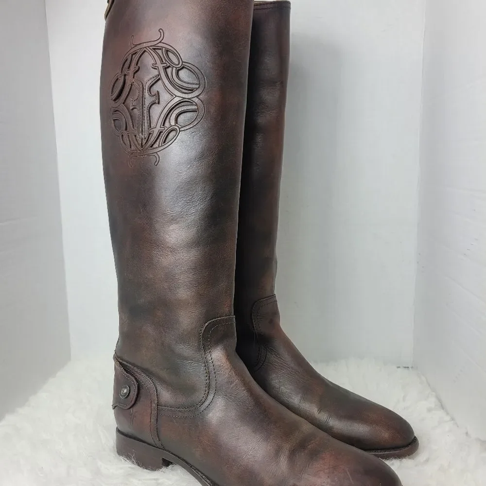 Frye Lindsay Womens Boots Size 8.5 Logo Embroidered Brown Riding Back Side Zip