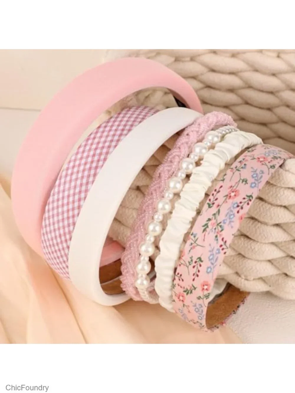 Women's Pearls Floral Wide Headbands Set of 7 Non-Slip Knot Wavy
