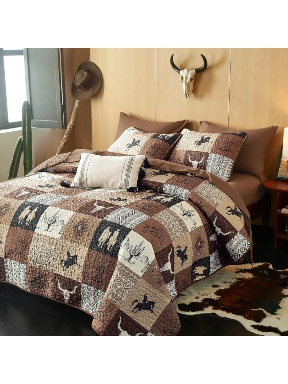 Southwestern Aztec Quilt Set - Rustic Cowboy Ranch Pattern, Reversible King