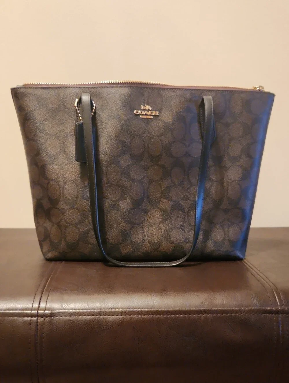Coach Brown and Black Signature Monogram Tote with Gold Hardware