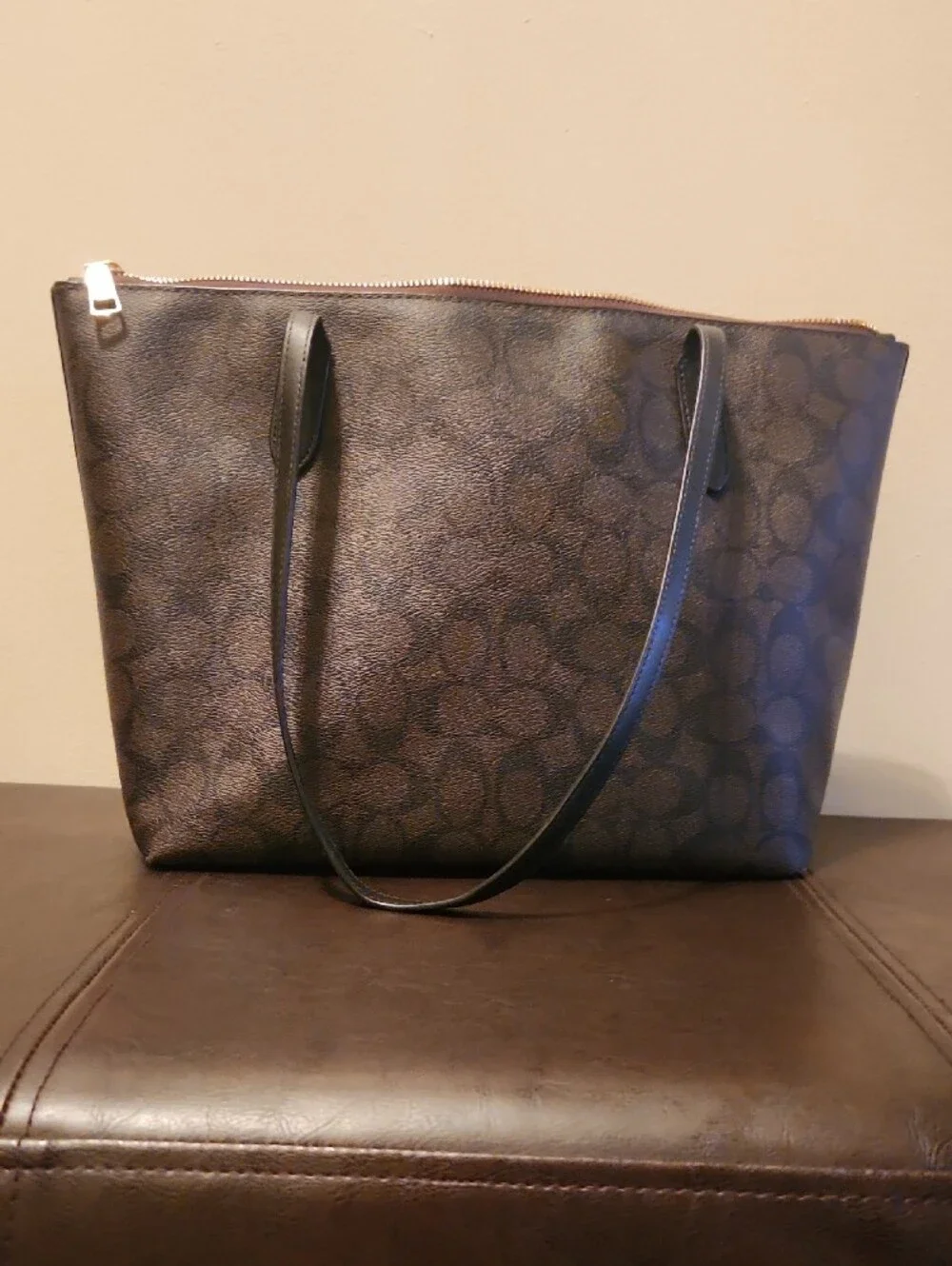 Coach Brown and Black Signature Monogram Tote with Gold Hardware