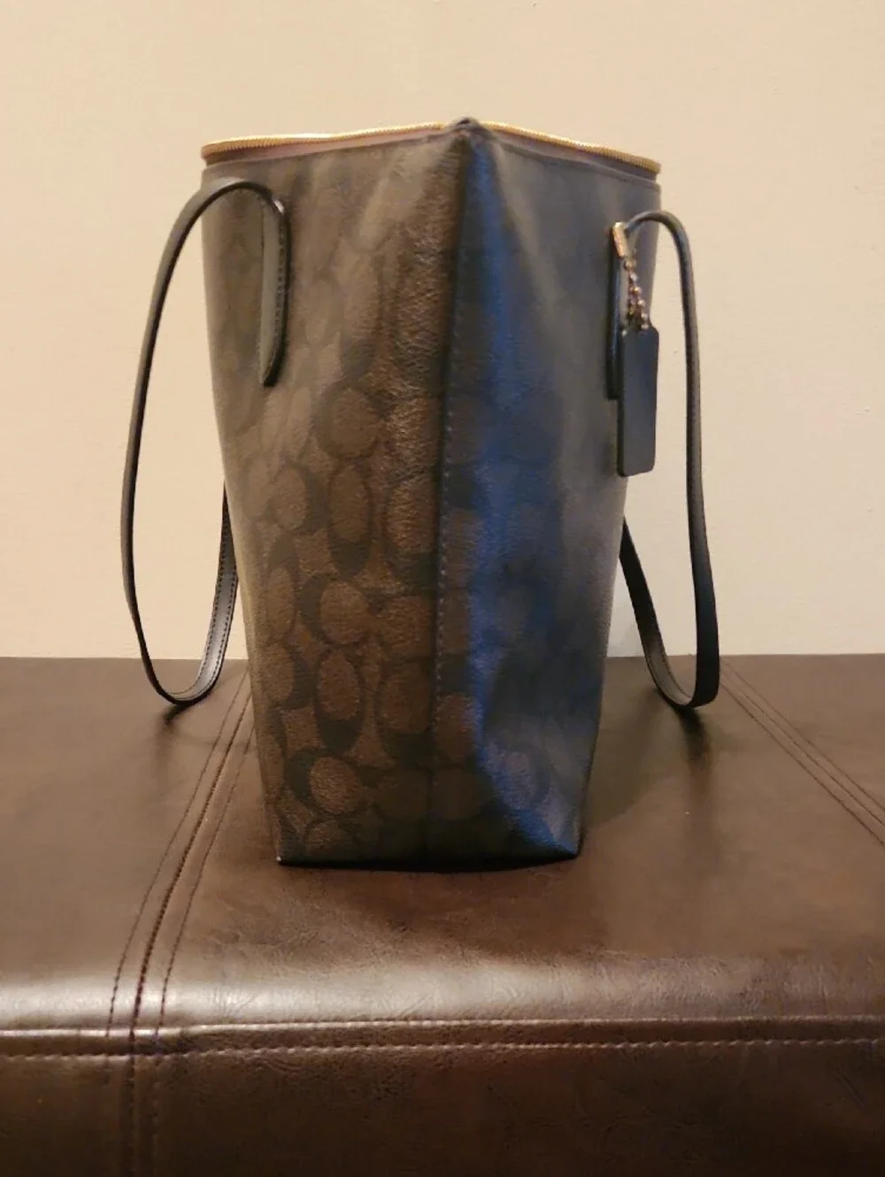 Coach Brown and Black Signature Monogram Tote with Gold Hardware
