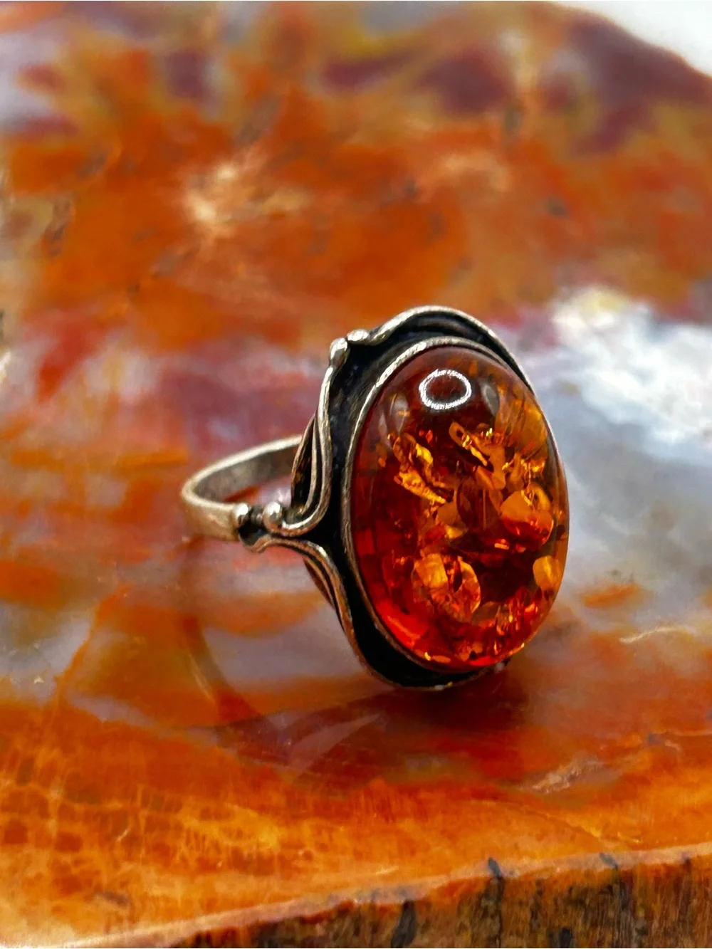 Vintage Sterling Silver Amber Ring - Size 6