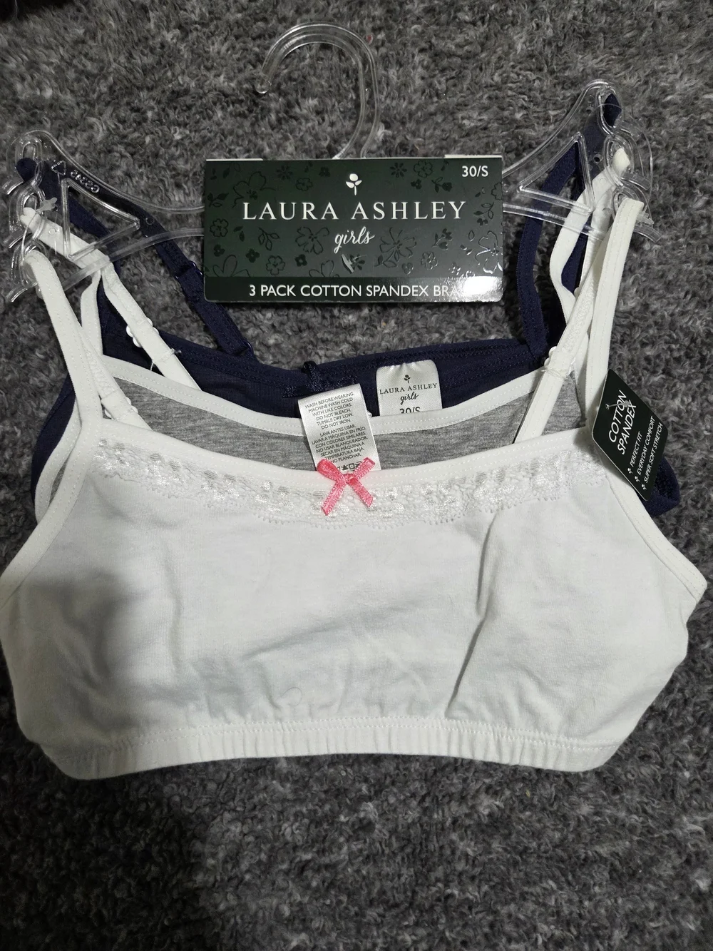 Laura Ashley Girls 3-Pack Bralettes in White, Navy & Gray with Pink Bow Accent