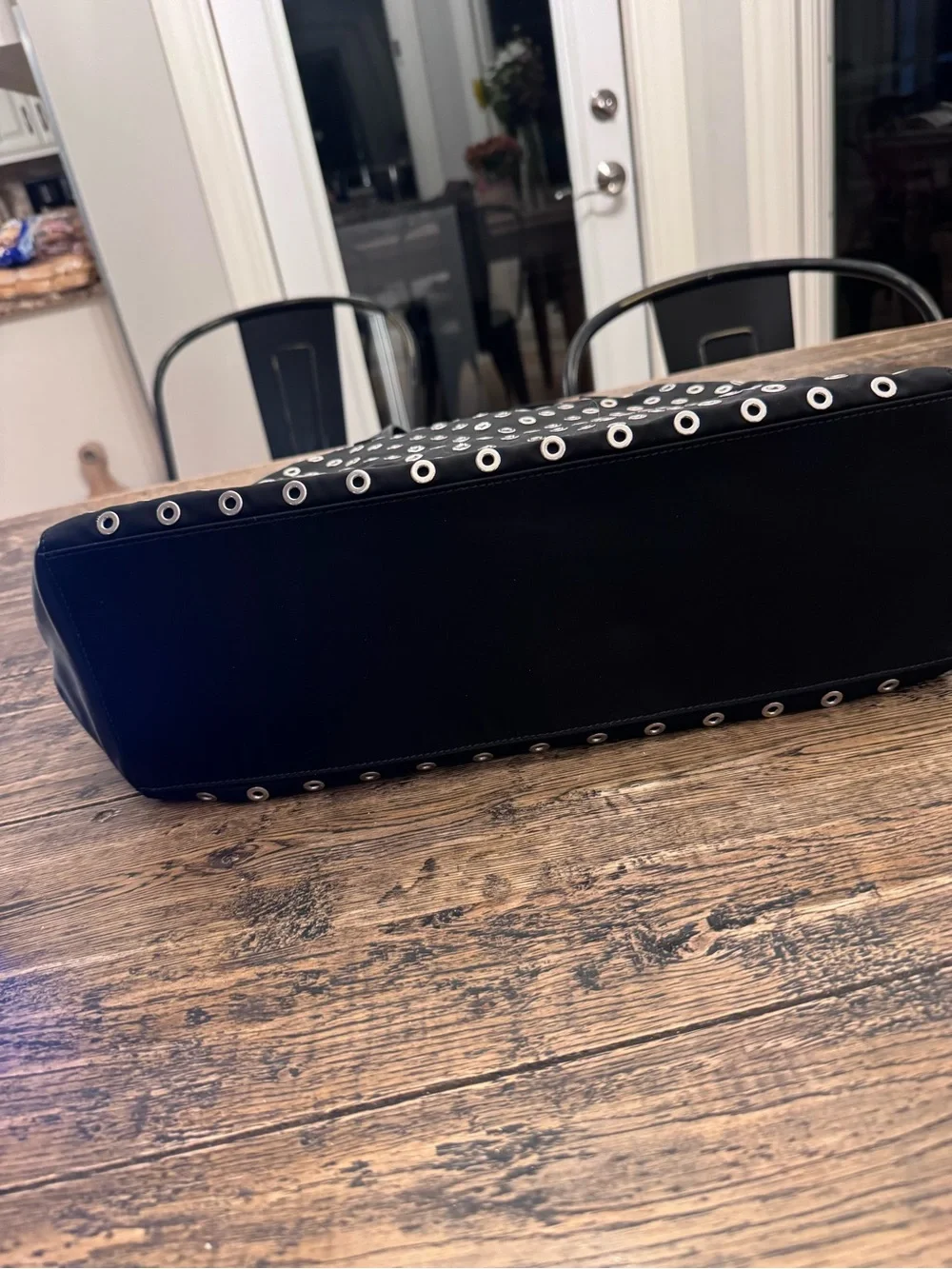 Auth. Prada Black Grommet/Eyelet Nylon & Calfskin with Leather interior Tote Bag
