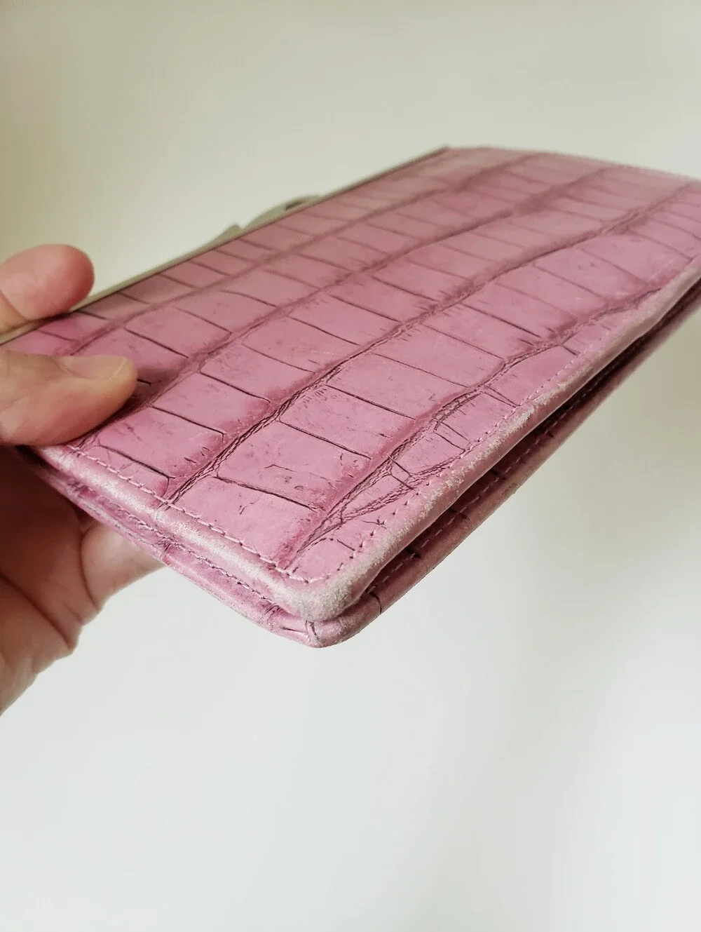 Vintage Abas Pink Croc Print Frame Clutch Leather Wallet
