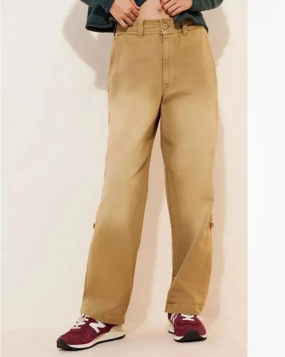 Free People Cleo Washed Chino Pants Straight Leg Tan Khaki Cargo Roll Cotton 4