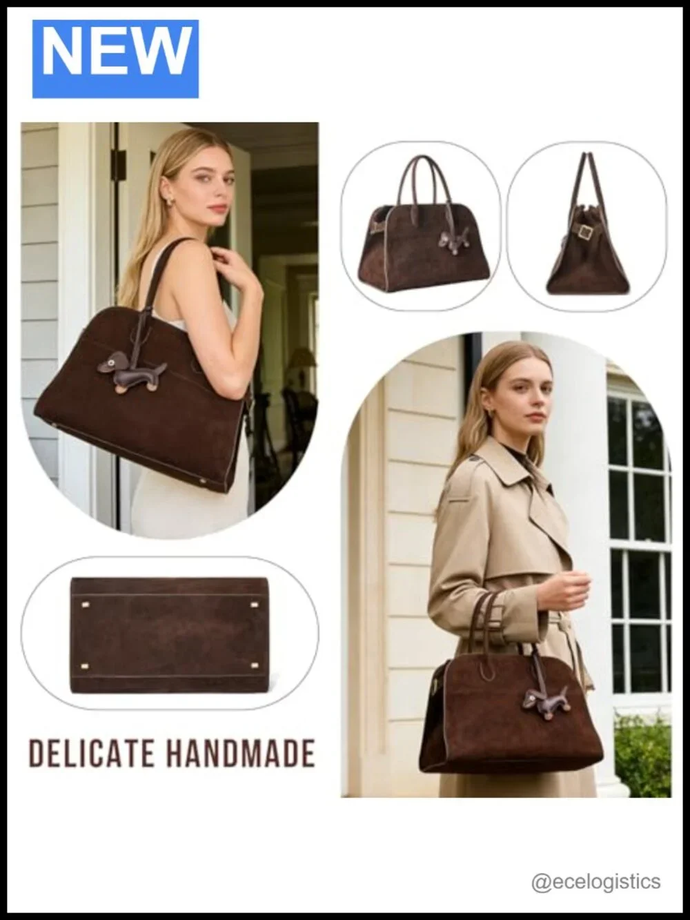 Genuine Suede Tote Bag for Women, Hand-Sewn Hobo Bag with Puppy Charm & Card