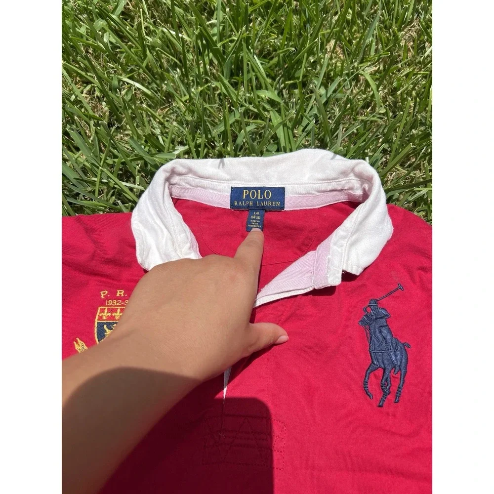 Ralph Lauren Polo Shirt Mens Medium Red Big Pony Crest Striped Rugby Preppy
