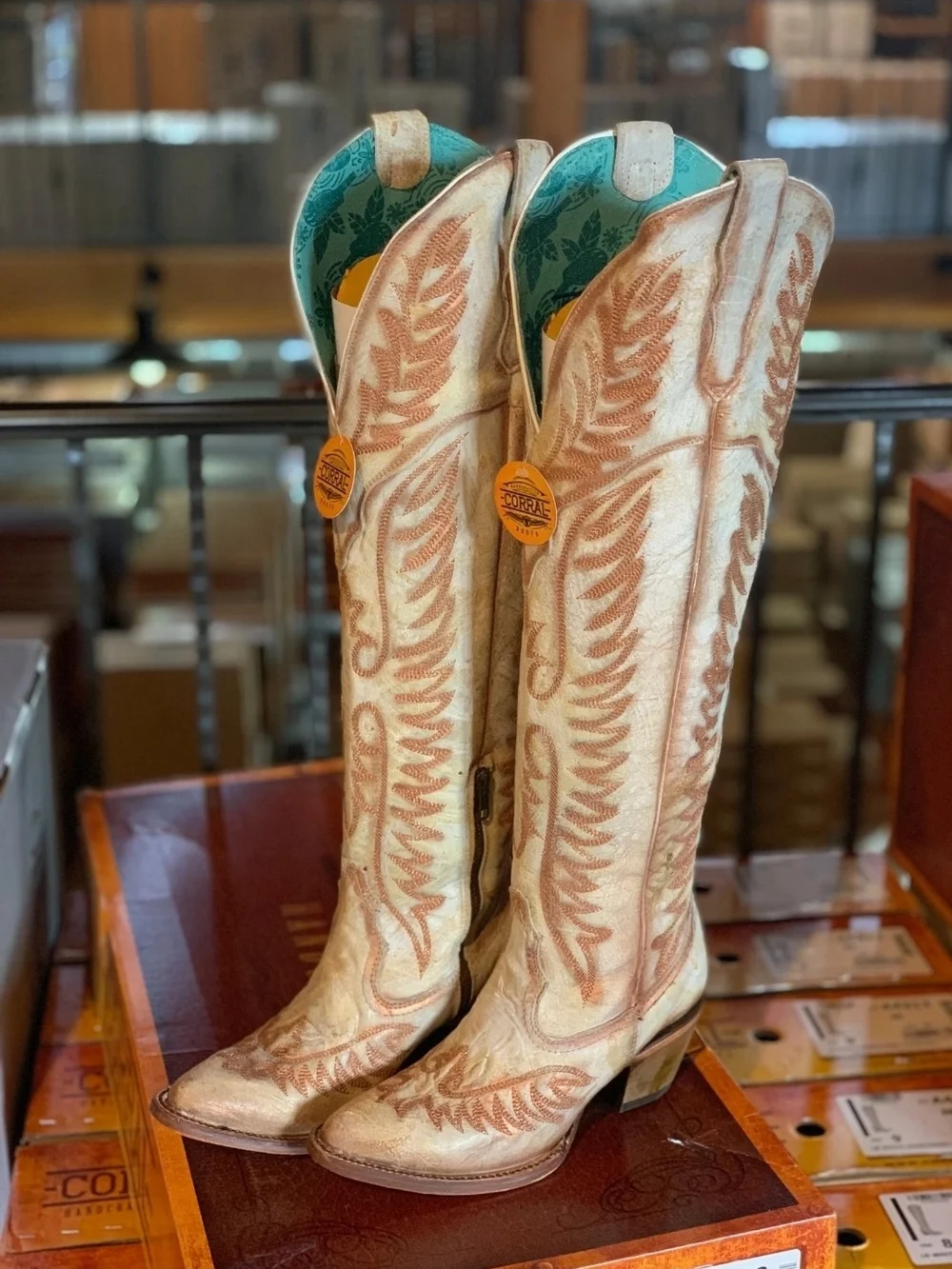 Corral Distressed Cream Copper Cognac Embroidery Tall Top Boots A4212