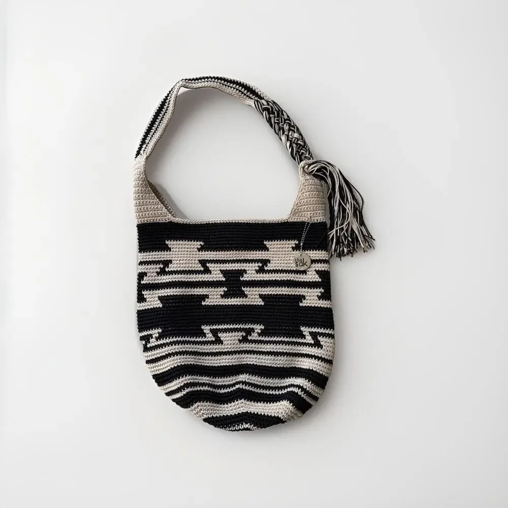 The Sak Ragam Handmade Crochet Back to Bali 120 Hobo Bag Black & Tan Boho Hippie