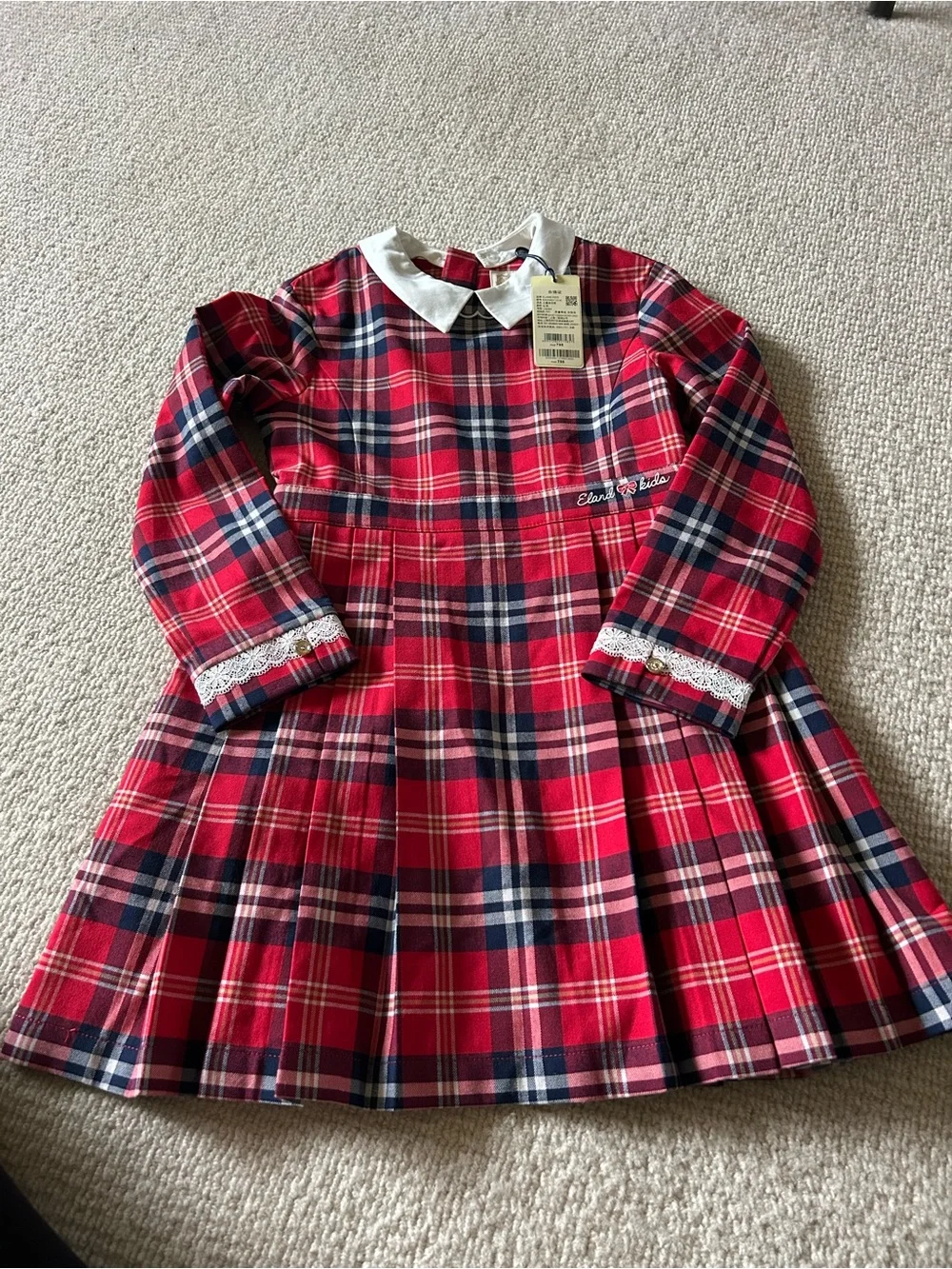 E-Land Kids Red Plaid Dress with White Peter Pan Collar