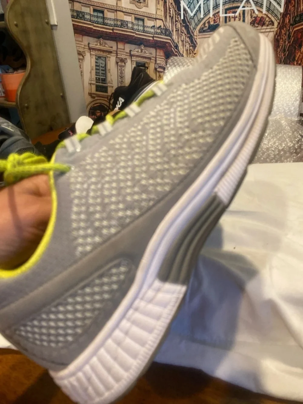 Women’s Gray Knit Athletic Sneakers with Neon Yellow Accents