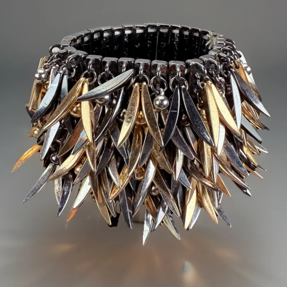 Goldtone Silvertone Gunmetal Steambunk Runway Cha Cha Wide Stretch Bracelet