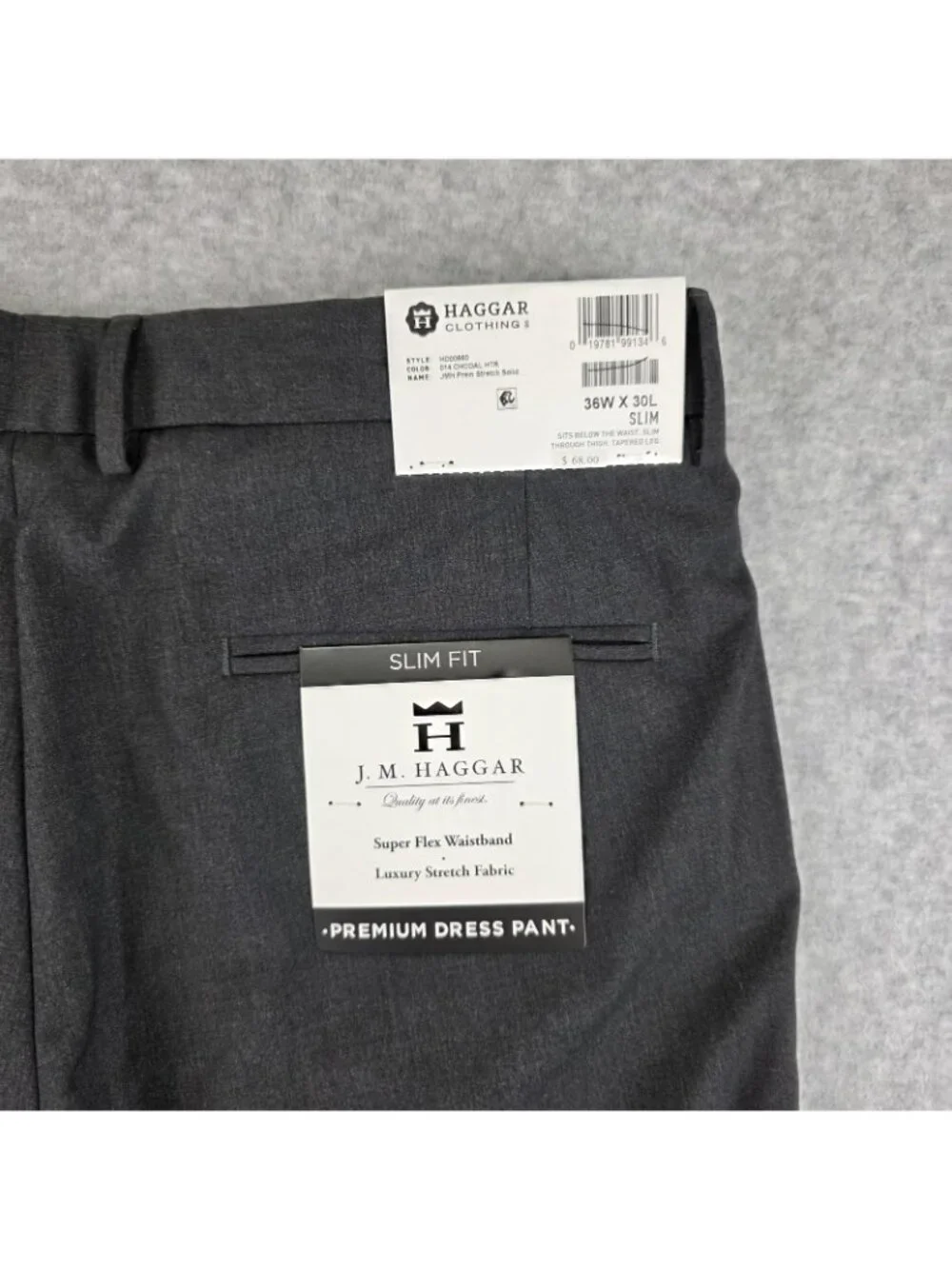 J.M. Haggar Premium Dress Pants Mens 36x30 Gray Slim Stretch Flat Front NWT