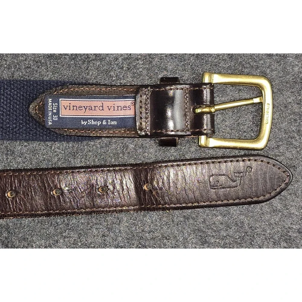 Vineyard Vines Belt Mens Size 30 Blue SMS Logo‎ Ribbon Leather Brass Buckle USA