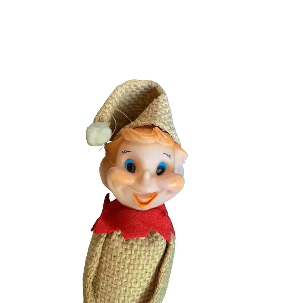 Vintage Knee Hugger Pixie Elf Burlap Felt Christmas Ornament Japan Retro Red