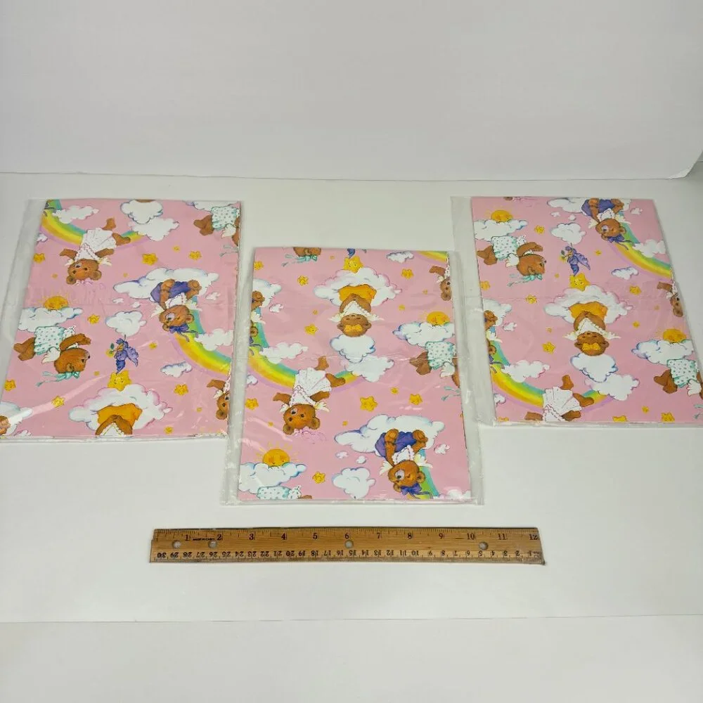 Vtg Pink Rainbow Clouds Stars Sun Teddy Bears Baby American Greetings‎ Gift Wrap