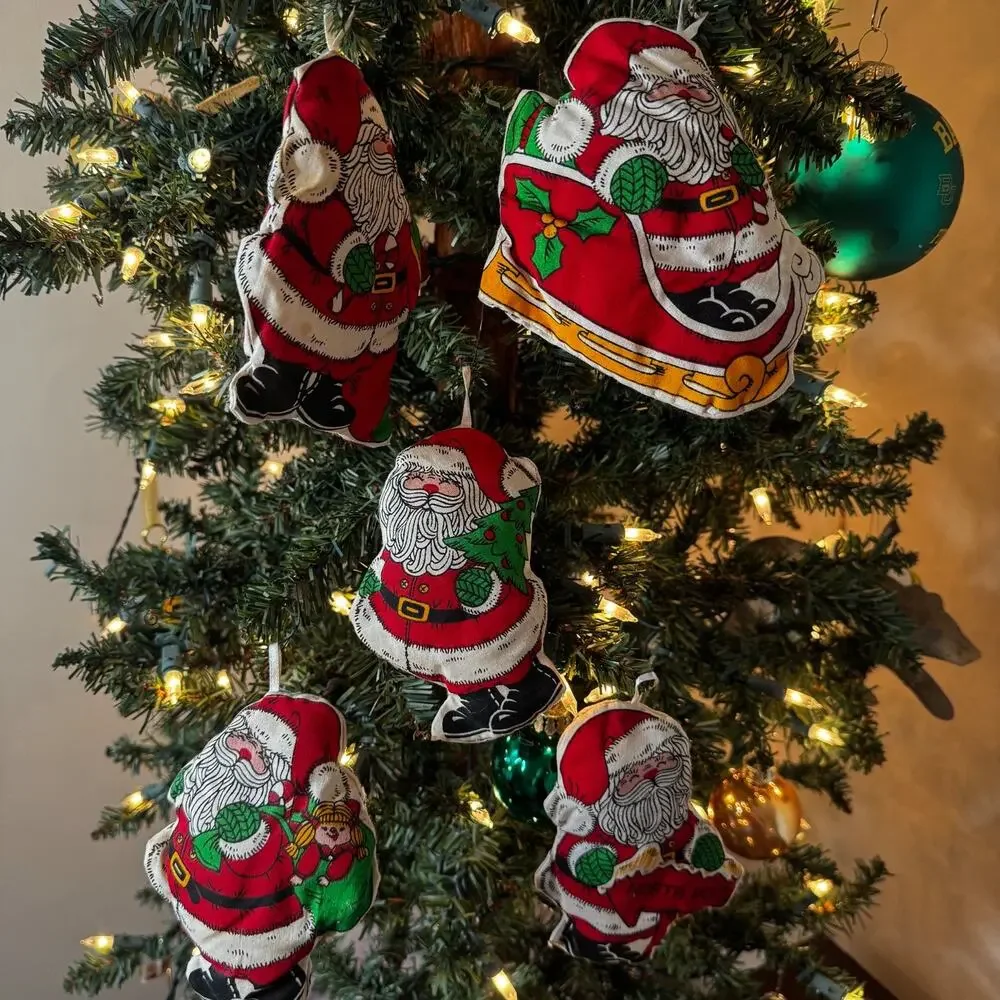 VTG‎ 5 Christmas Ornament Santa Plush Handmade Hand Sewn Fabric Pattern Panel