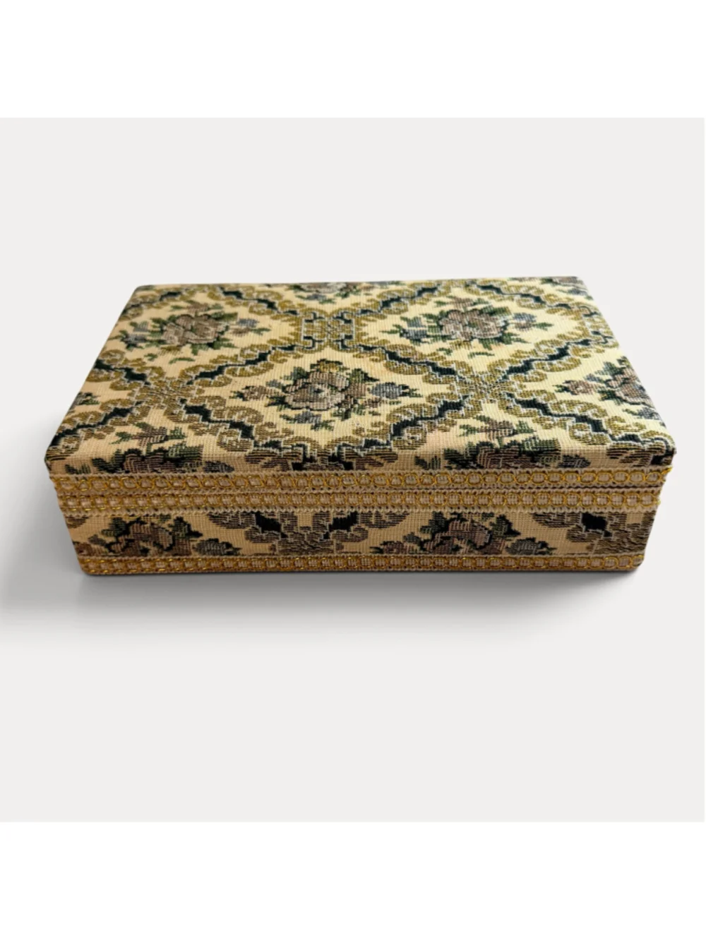 Vintage Floral Tapestry Jewelry Box Red Velvet Interior Mirror Gold Trim
