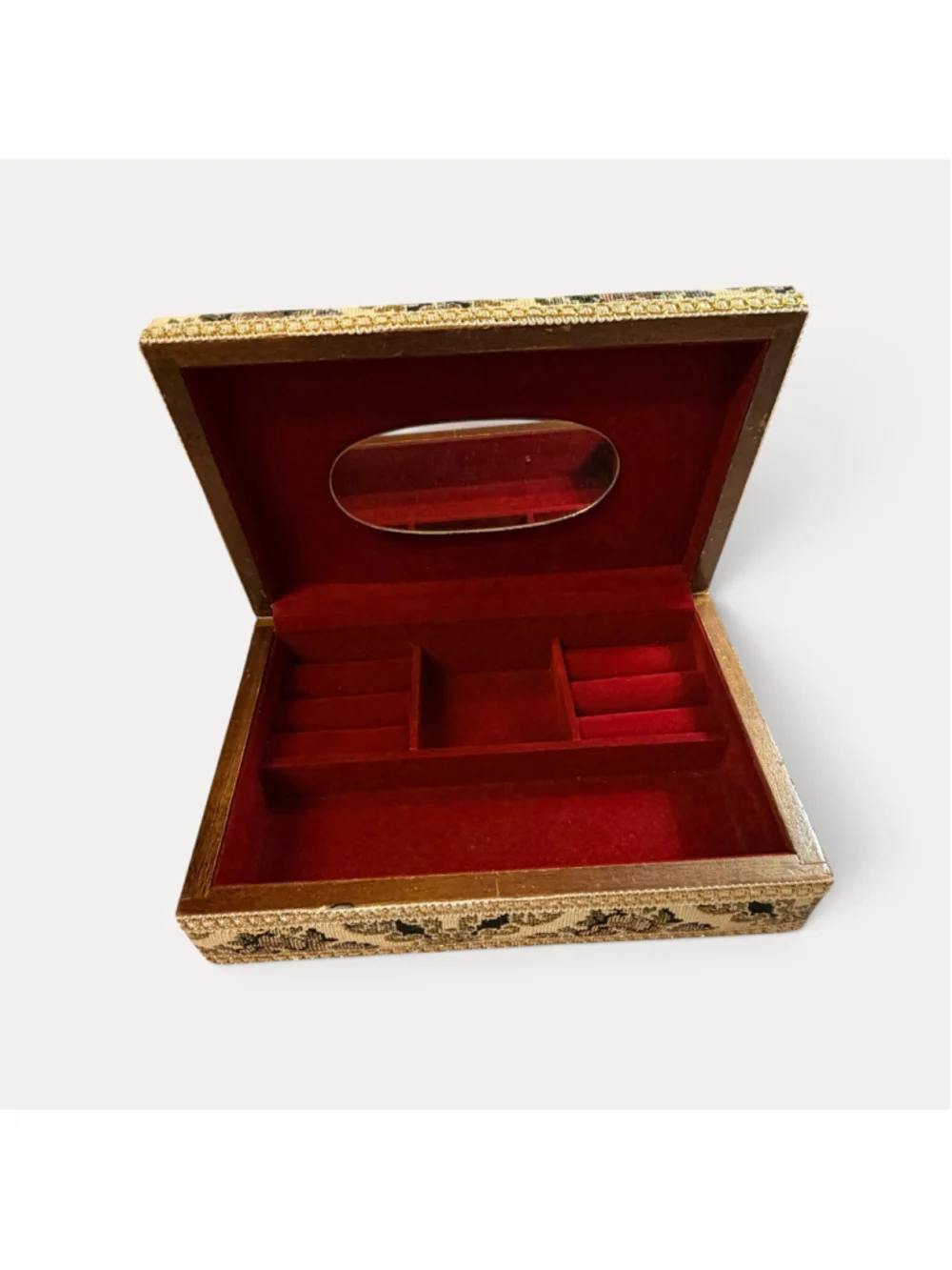 Vintage Floral Tapestry Jewelry Box Red Velvet Interior Mirror Gold Trim