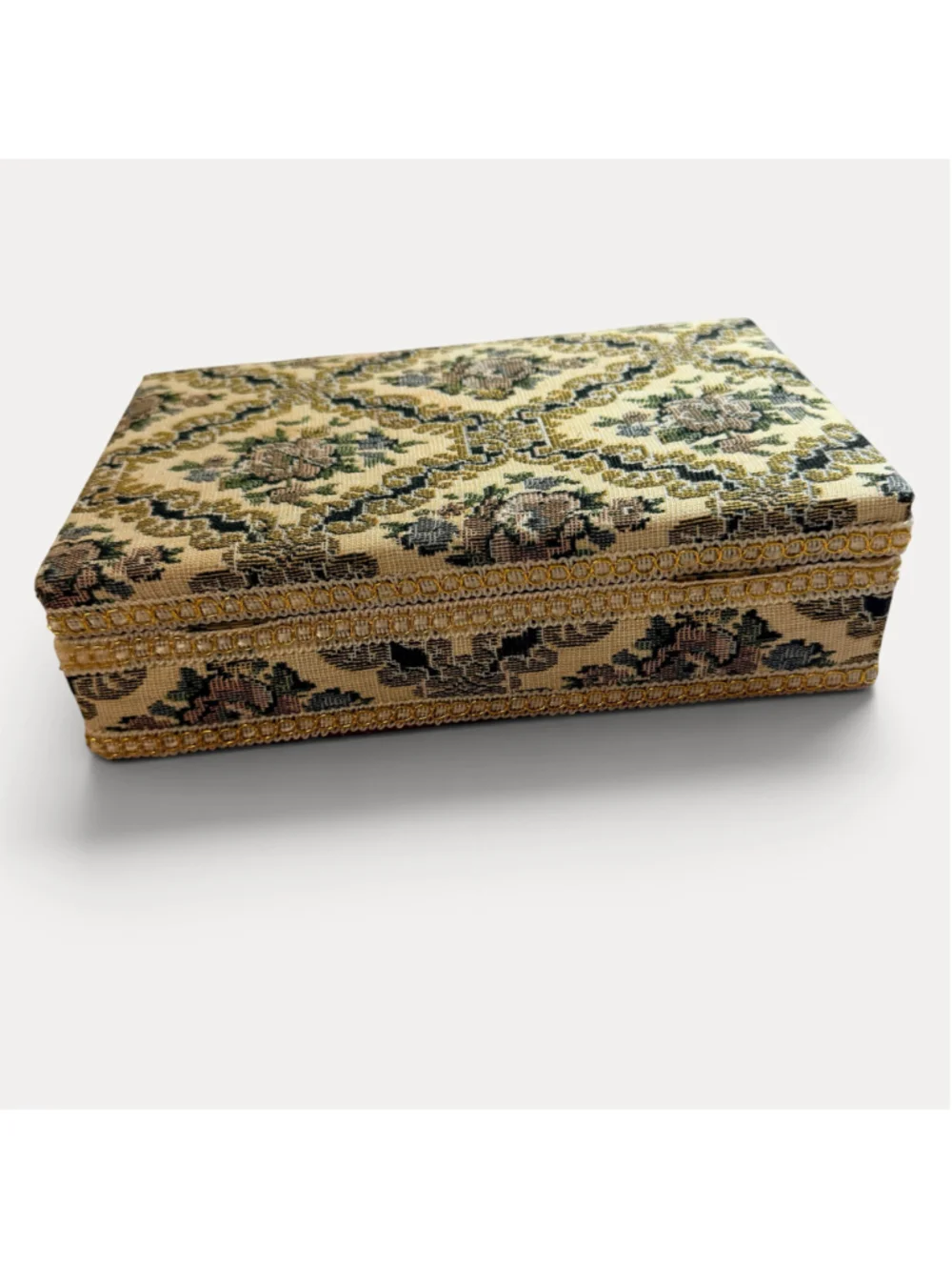 Vintage Floral Tapestry Jewelry Box Red Velvet Interior Mirror Gold Trim