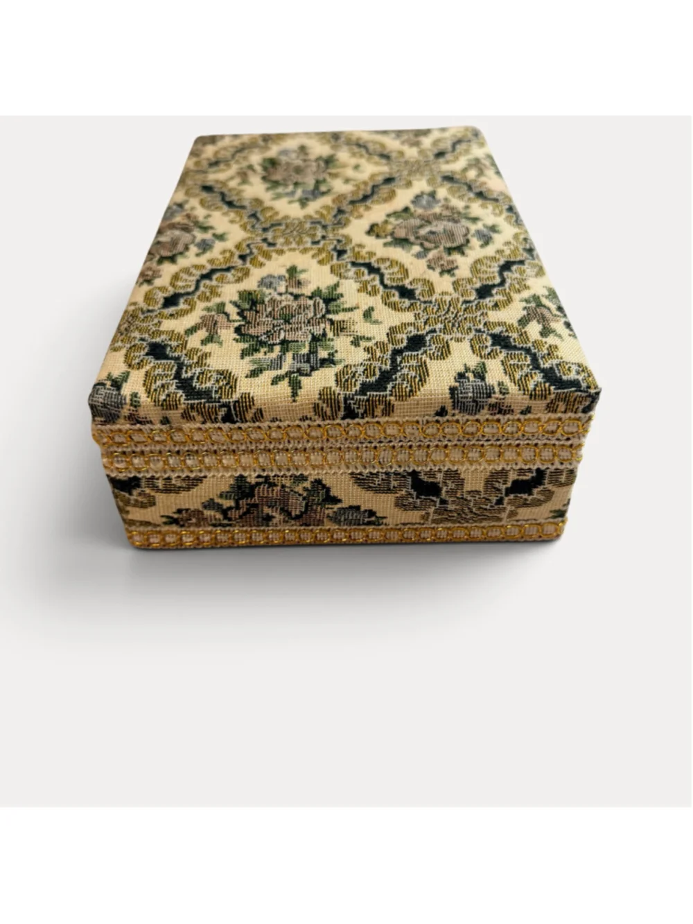 Vintage Floral Tapestry Jewelry Box Red Velvet Interior Mirror Gold Trim