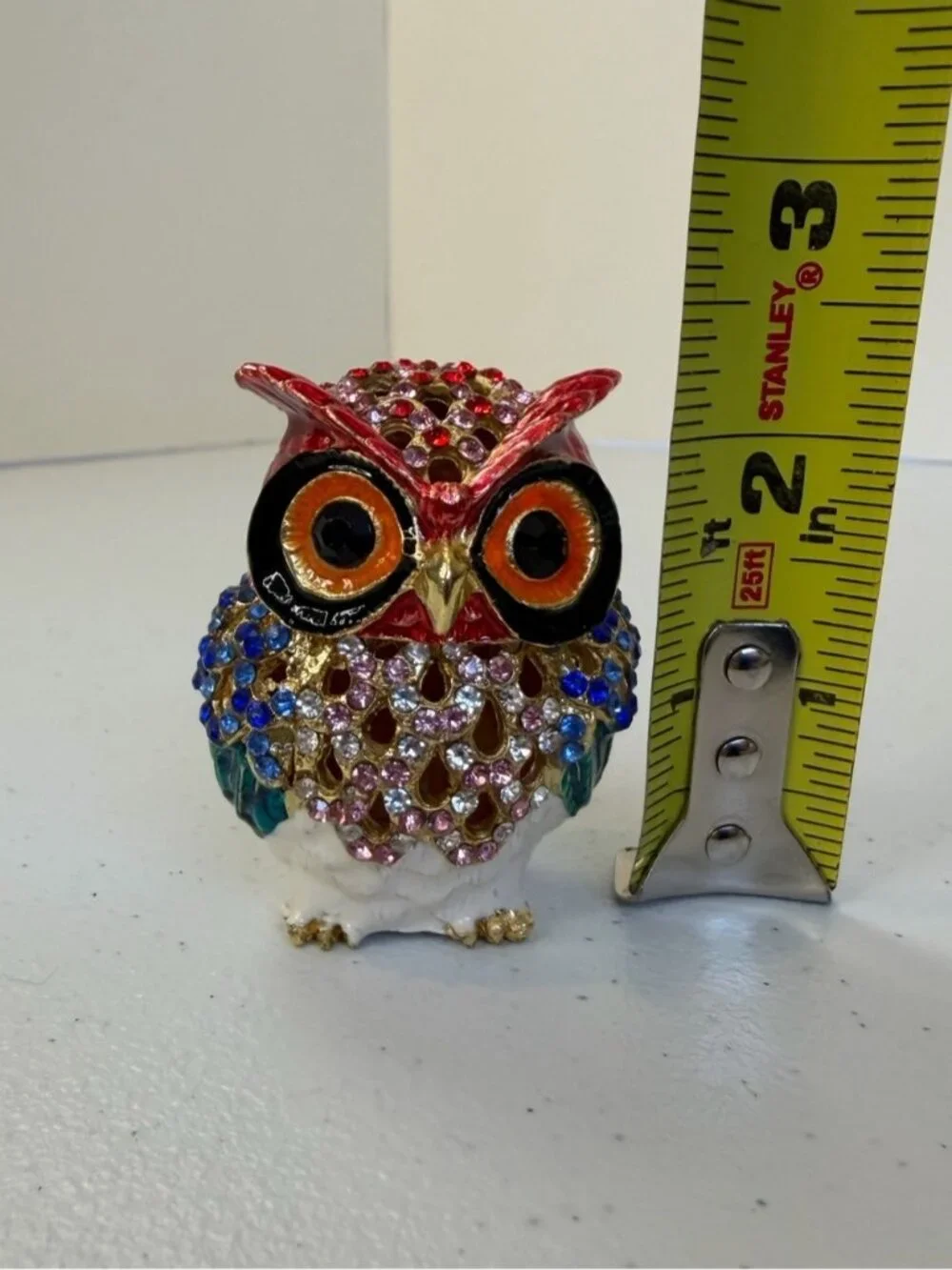 Cloisonné Owl Trinket Box Hinged Jewelry Ring Holder Rhinestone Necklace Red