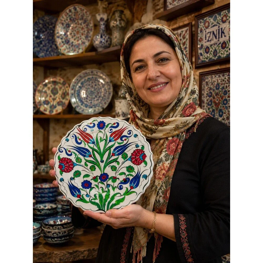 Turkish Kütahya Iznik Style Hand Painted Floral Ceramic Wall Plates Set of 2