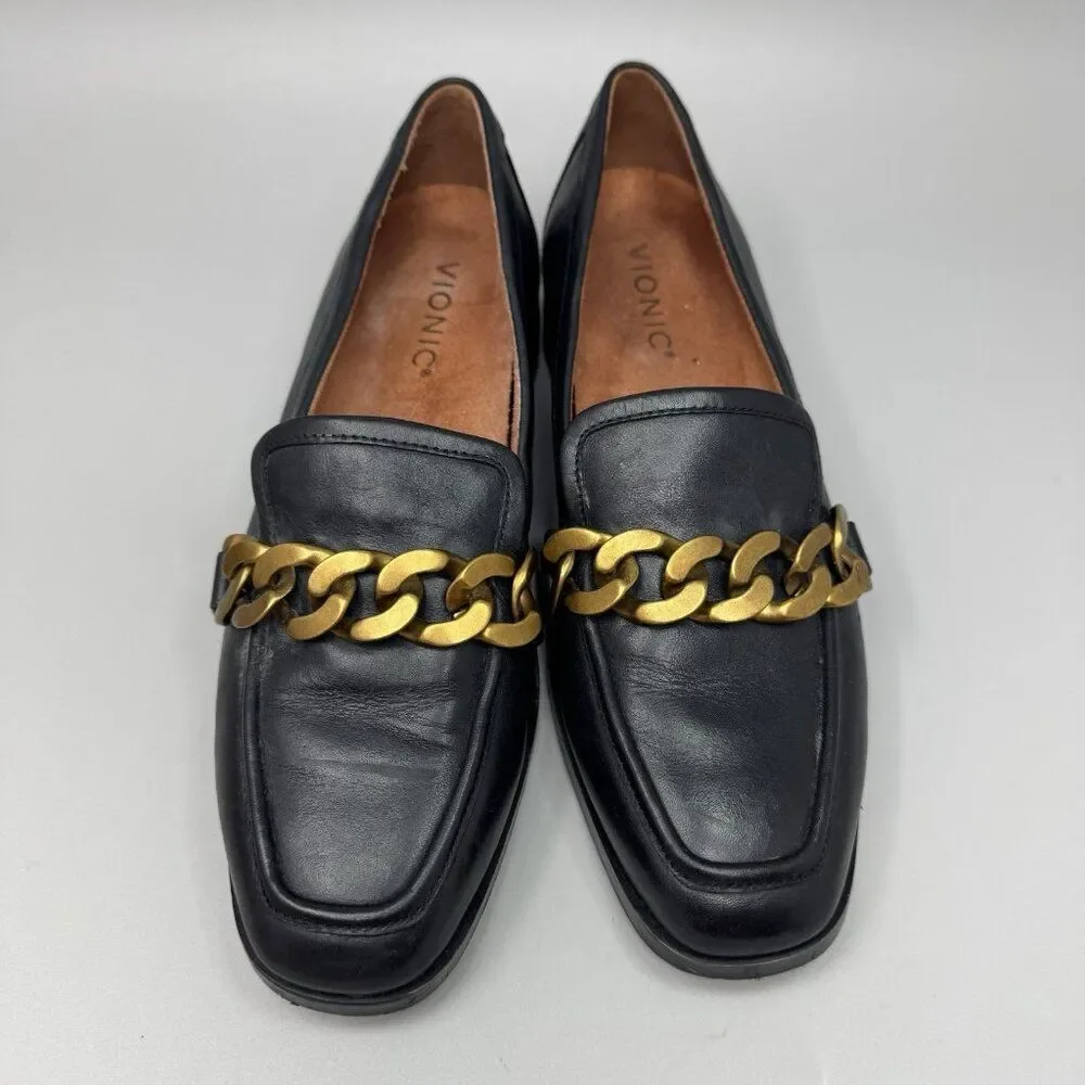 Vionic Mizelle Chain Orthotic Loafer Black Leather Size 7