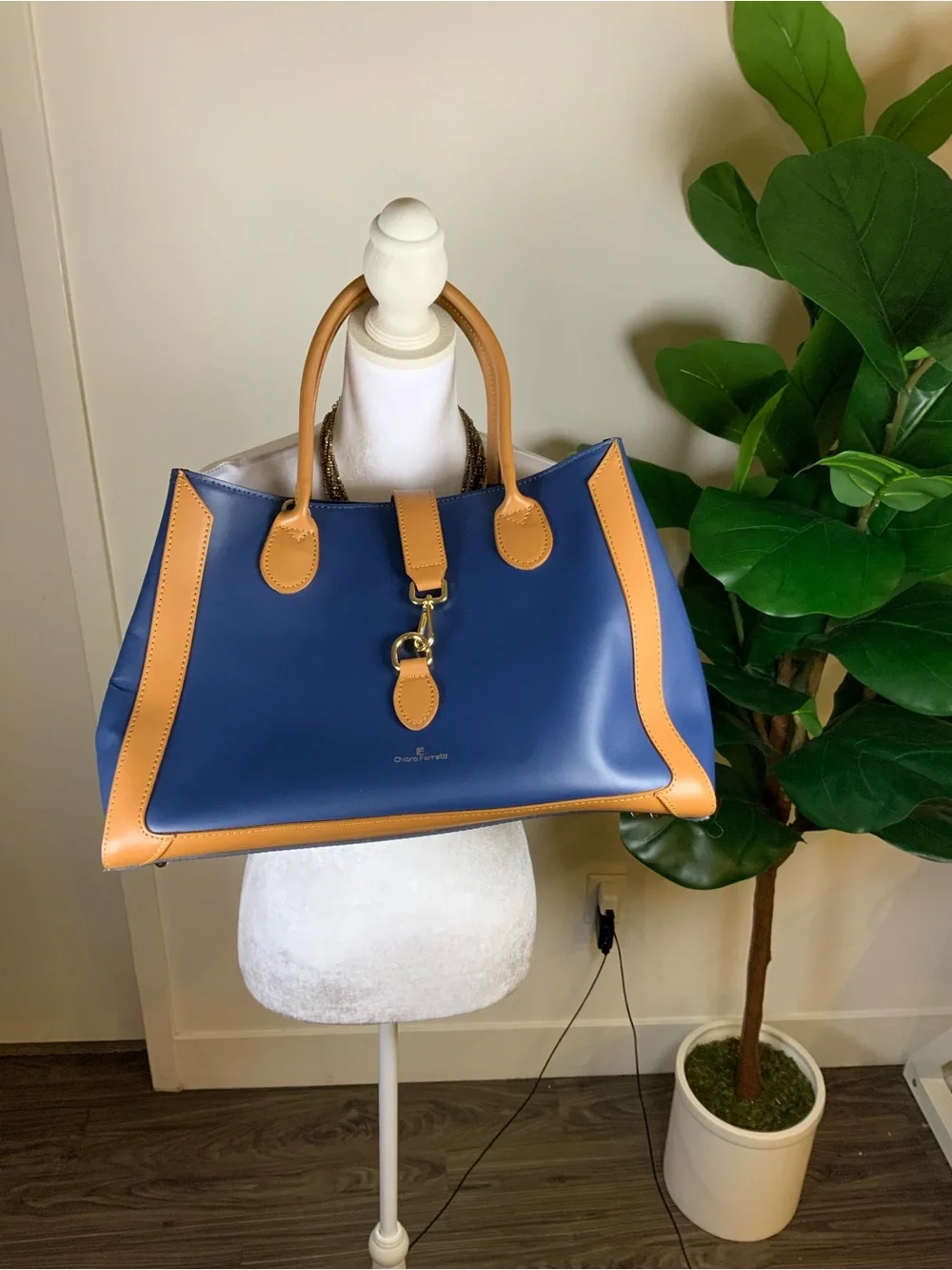 Chiara Ferretti Navy and Tan Leather Tote with Gold Hardware
