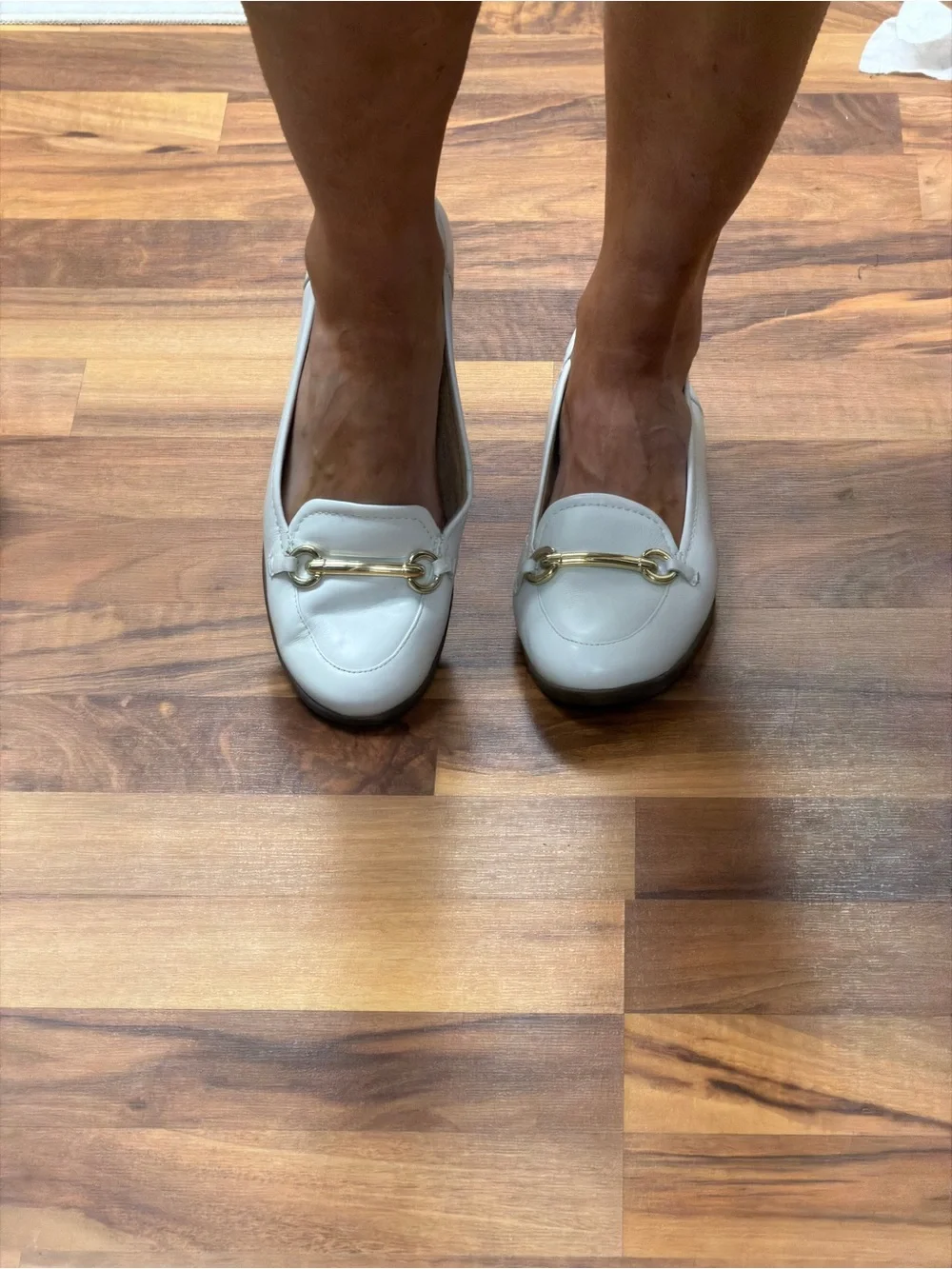 🍀3/$30 Women's White Leather Slip-On Loafers with Gold Horsebit