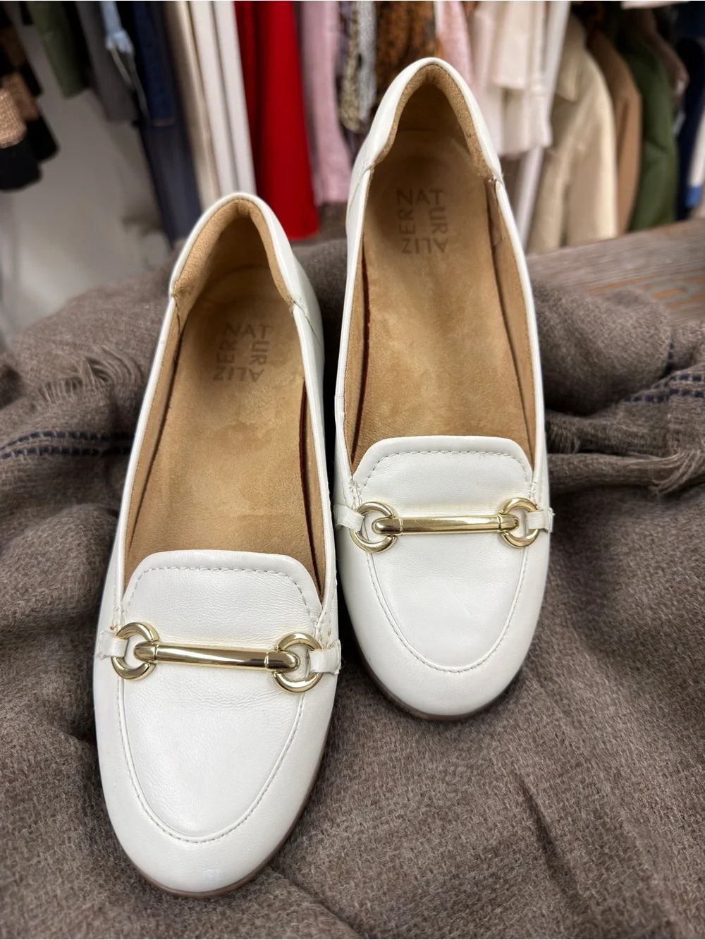 🍀3/$30 Women's White Leather Slip-On Loafers with Gold Horsebit
