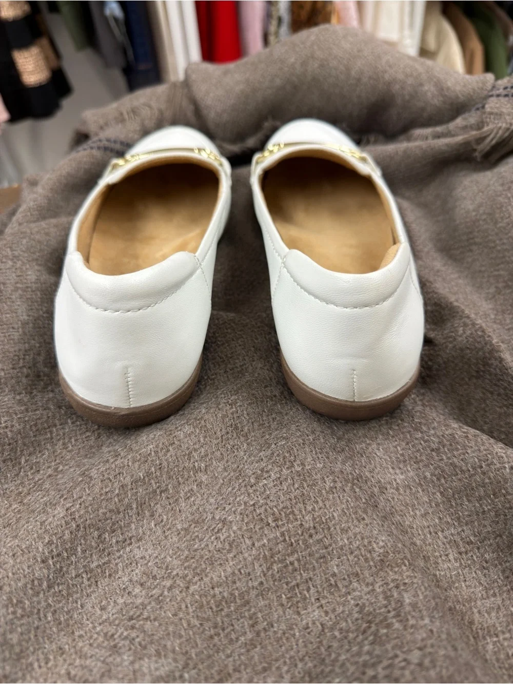 🍀3/$30 Women's White Leather Slip-On Loafers with Gold Horsebit