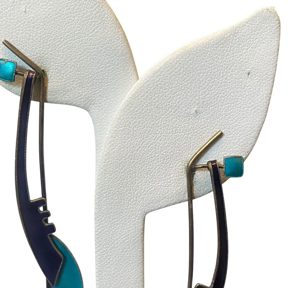 Vtg Enamel MCM Modernist Abstract Artisan Sterling Silver Long‎ Dangle Earring