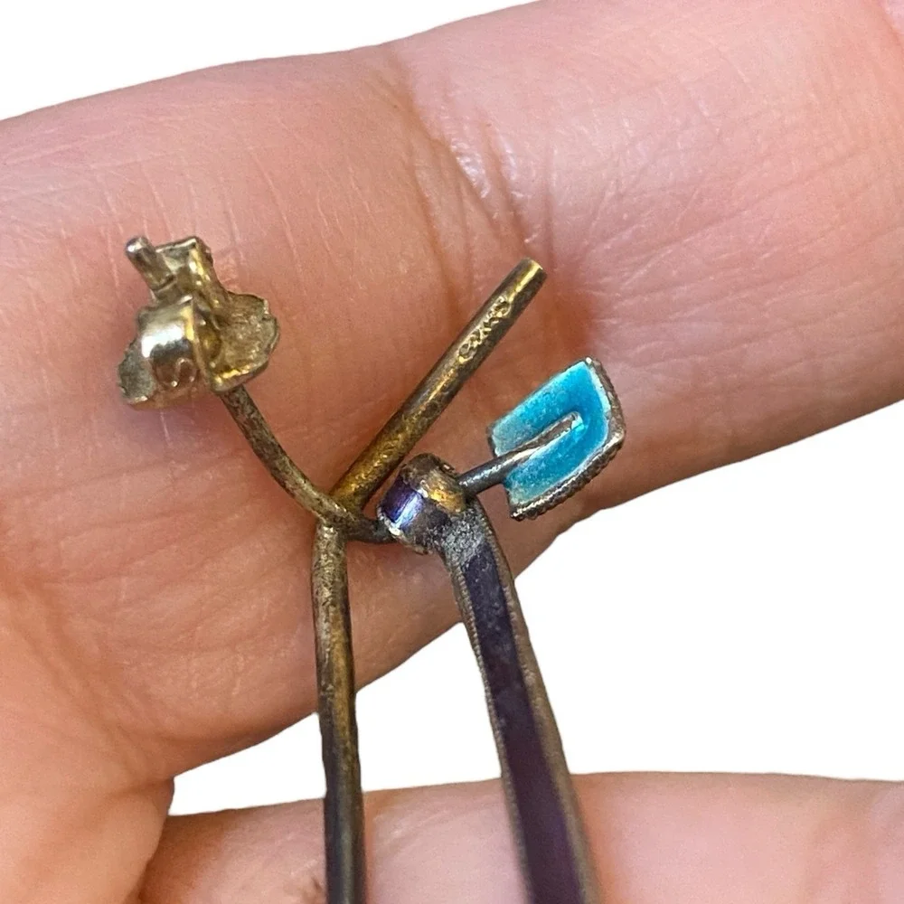 Vtg Enamel MCM Modernist Abstract Artisan Sterling Silver Long‎ Dangle Earring