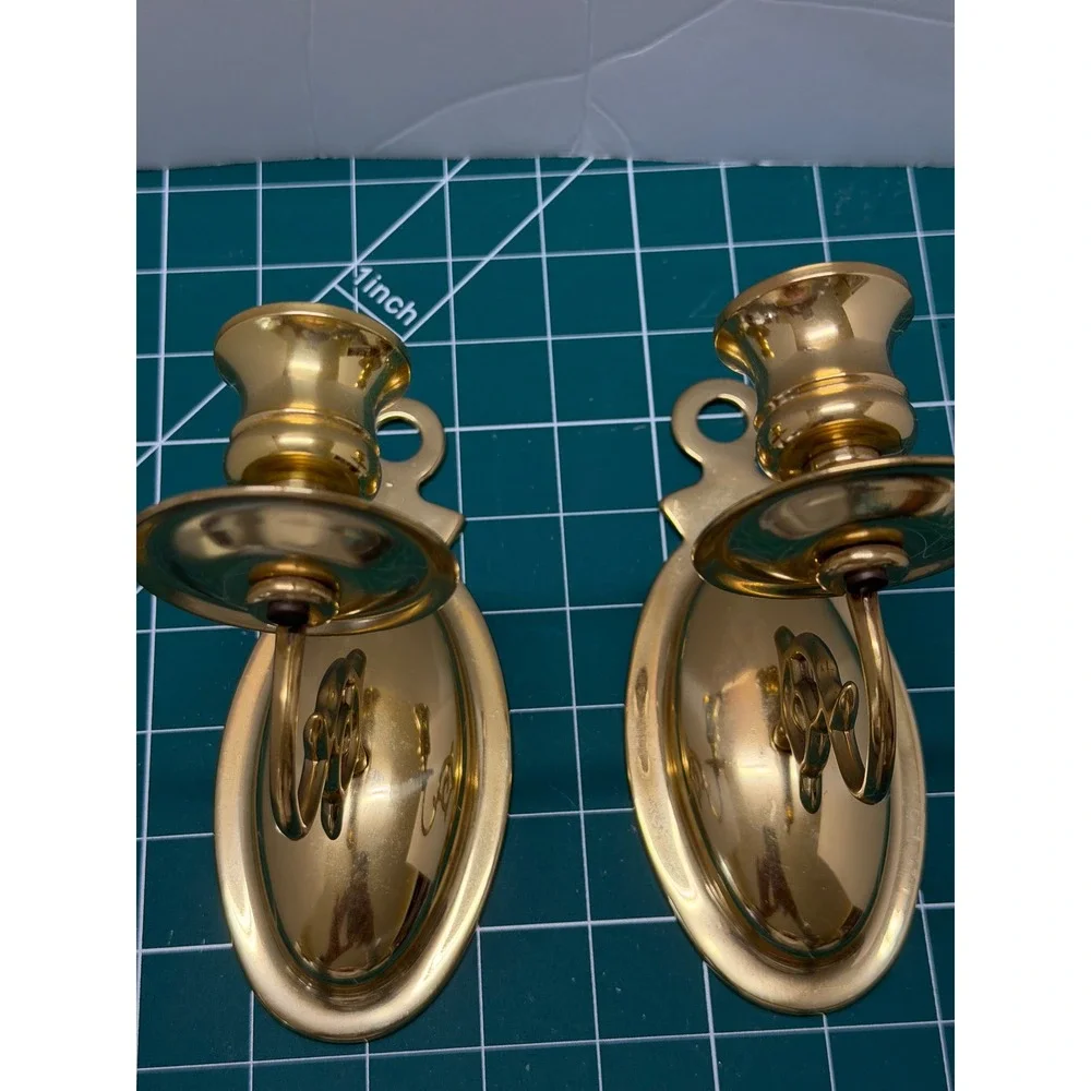 Vintage Solid Brass Wall Sconce‎ Candle Holders Pair Oval Polished Gold Tone 7
