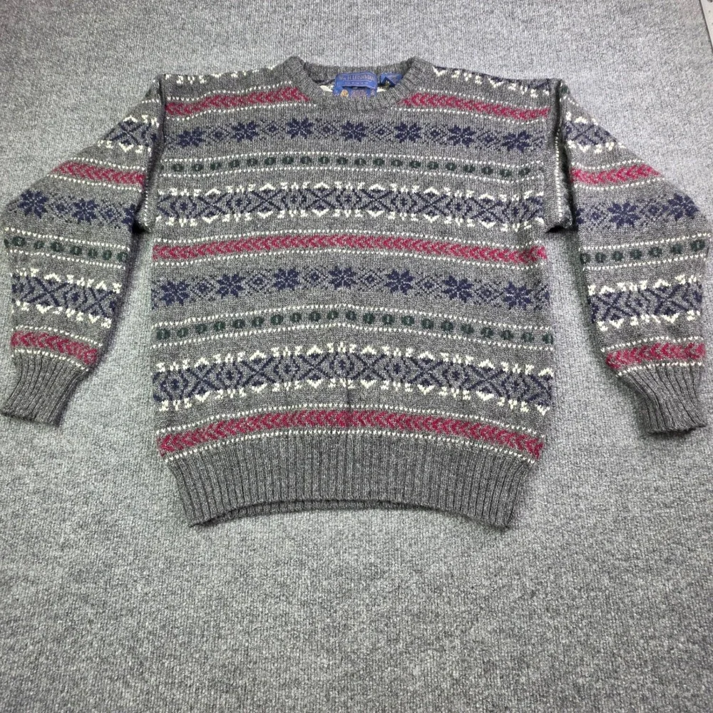 Wm. H. Leishman Sweater Mens M Grey‎ Fair Isle Shetland Wool Crewneck Pullover