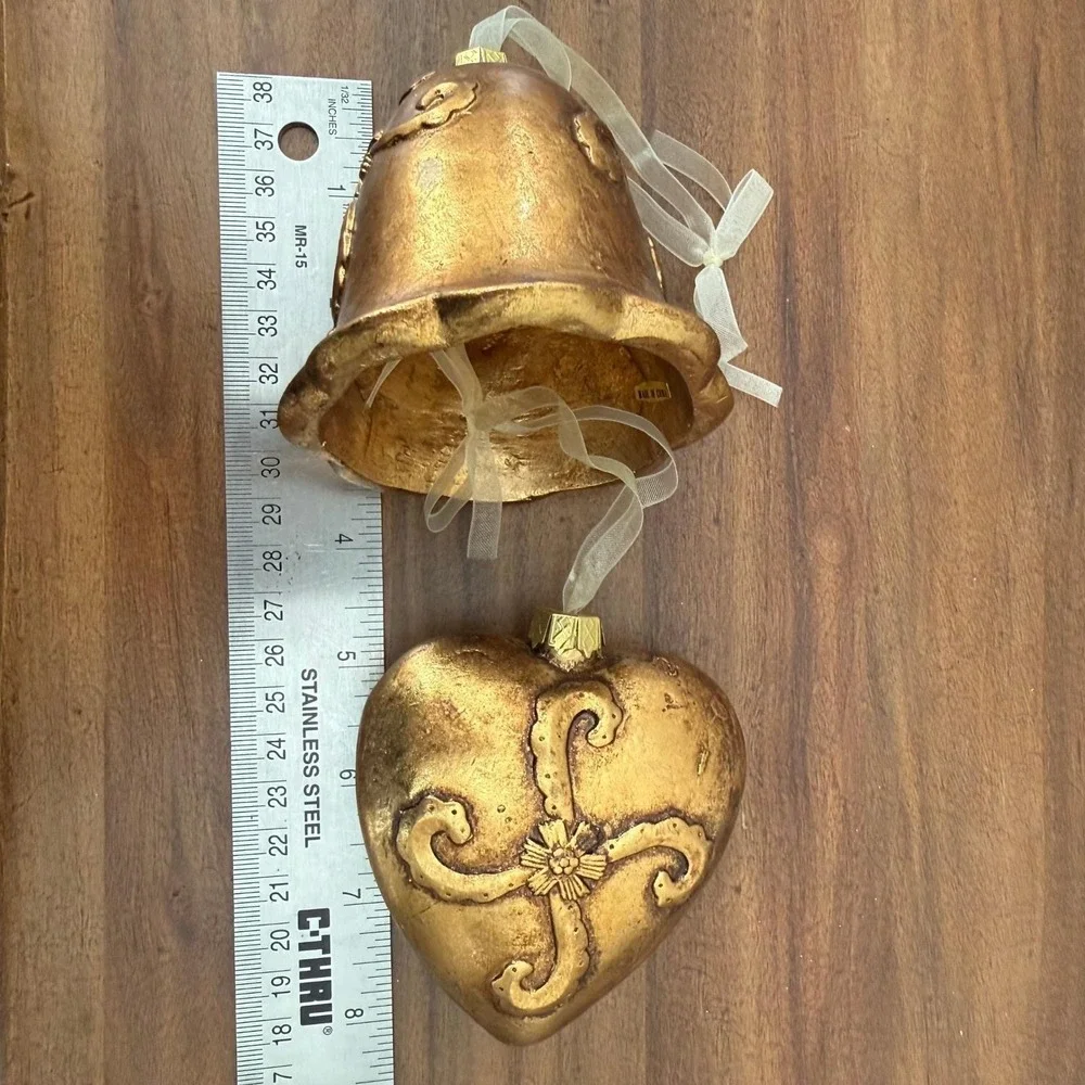 Vintage Golden Christmas Ornaments Set 2 Heart and Bell Baroque Scrollwork Decor